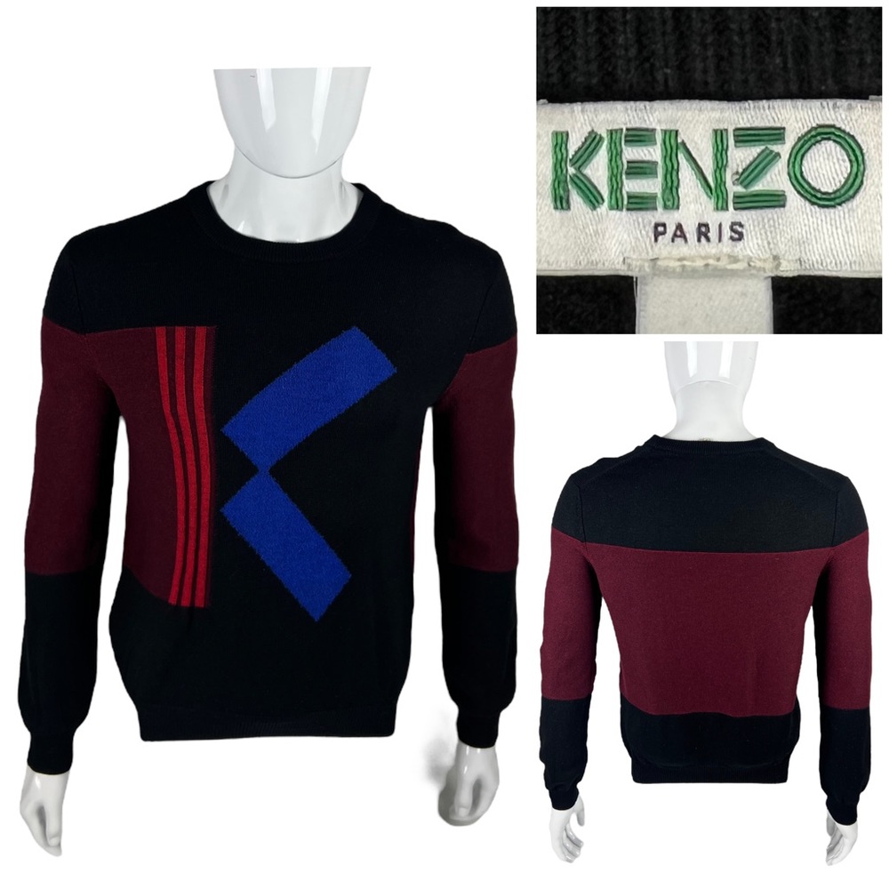 Kenzo Mens Small Sweater Jumper Wool Blend Paris Colorblock Black Burgundy Crew